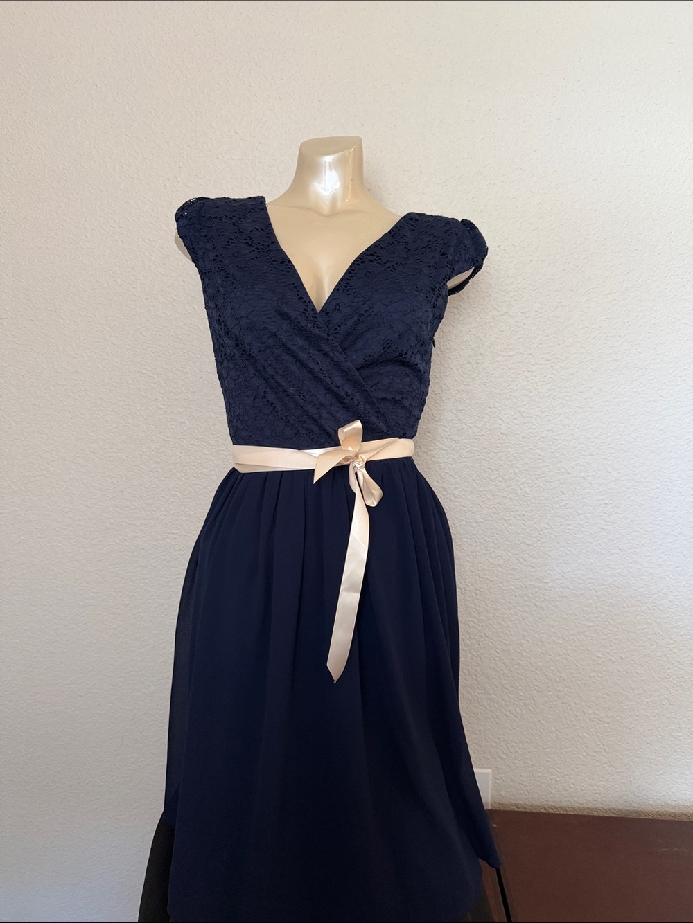 Mystic Navy Lace Midi Dress with Cream Satin Tie